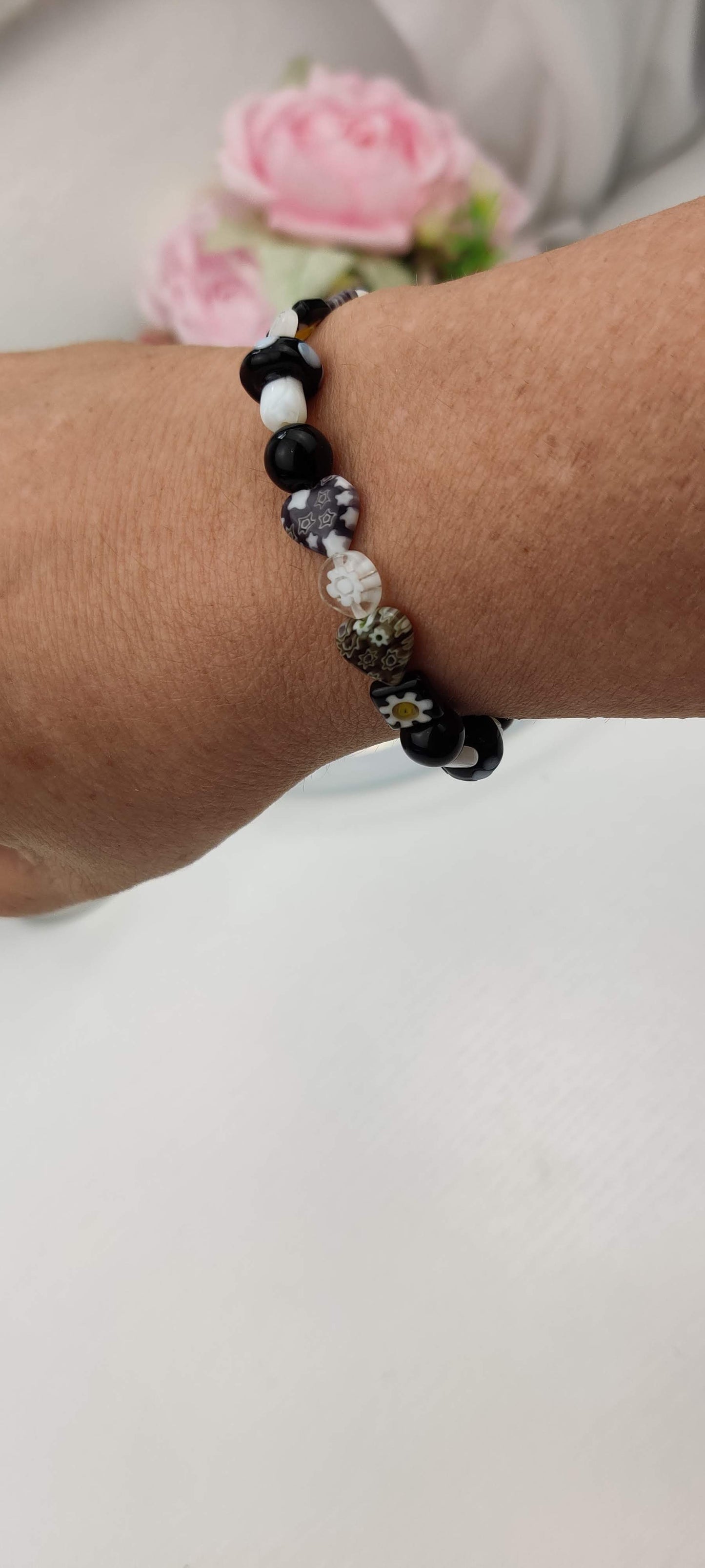 Lampwork Glass Millefiori Beads in Light Black,  Gray and White Glass Beads Stretch Bracelet