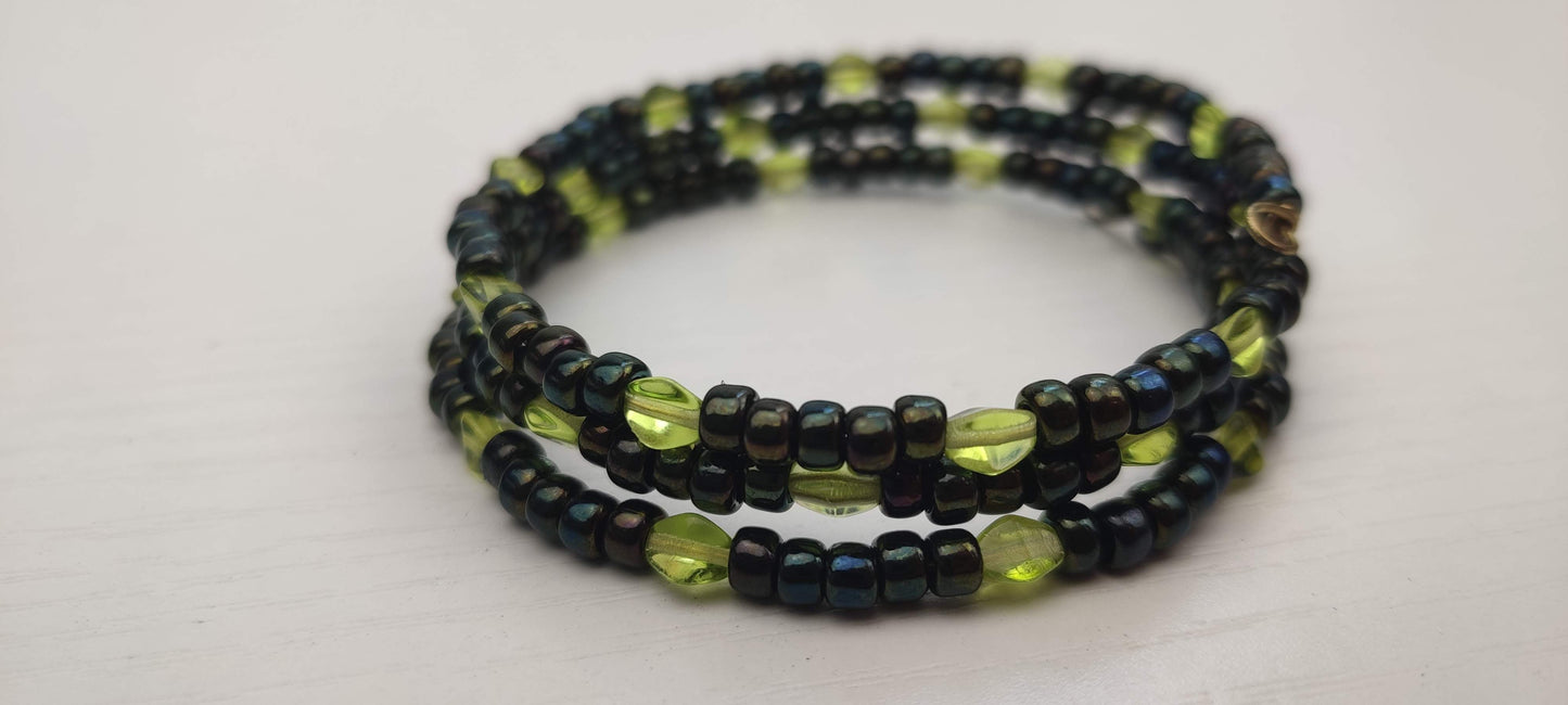 Black and Light Green Beads Memory Wire Bracelet