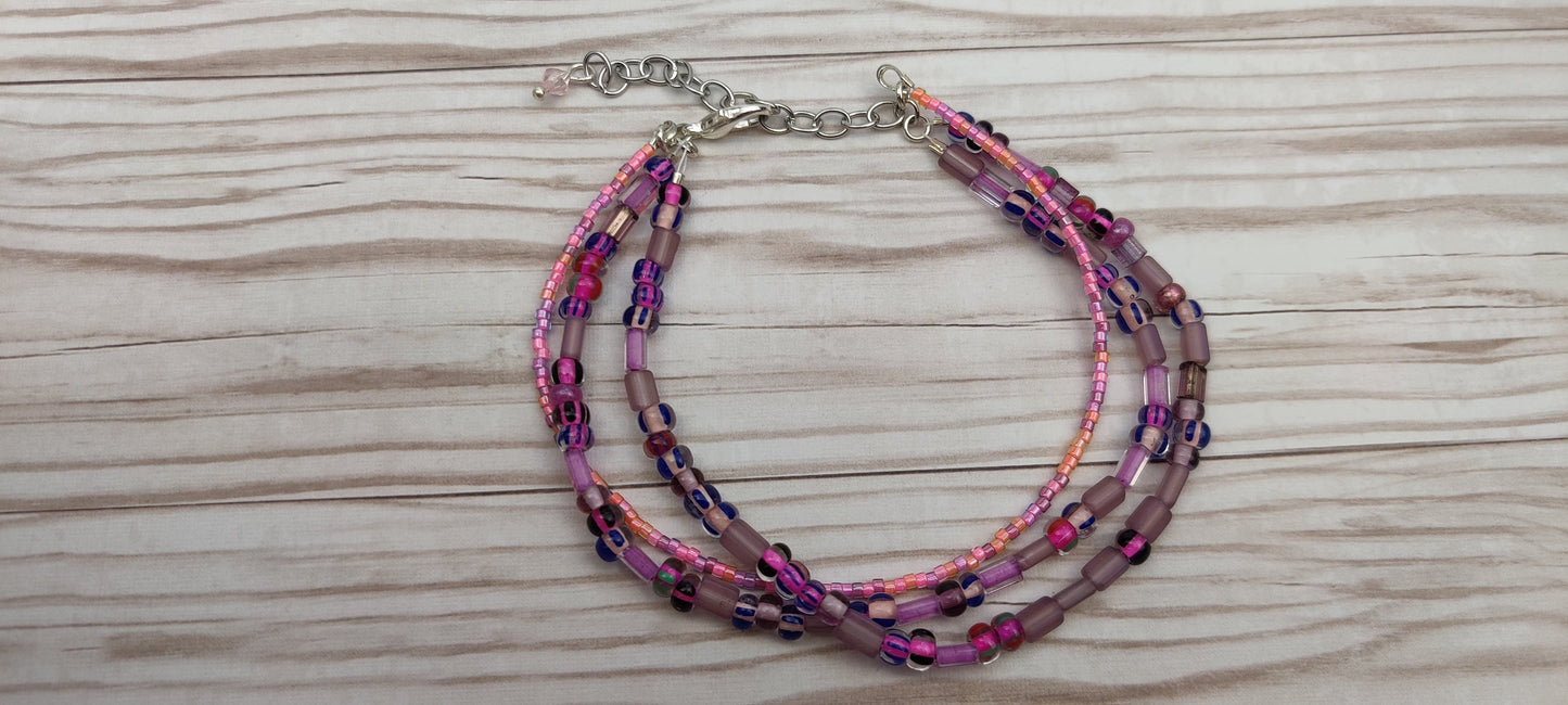 Three Strand Bracelet with Pink and Purple  Beads