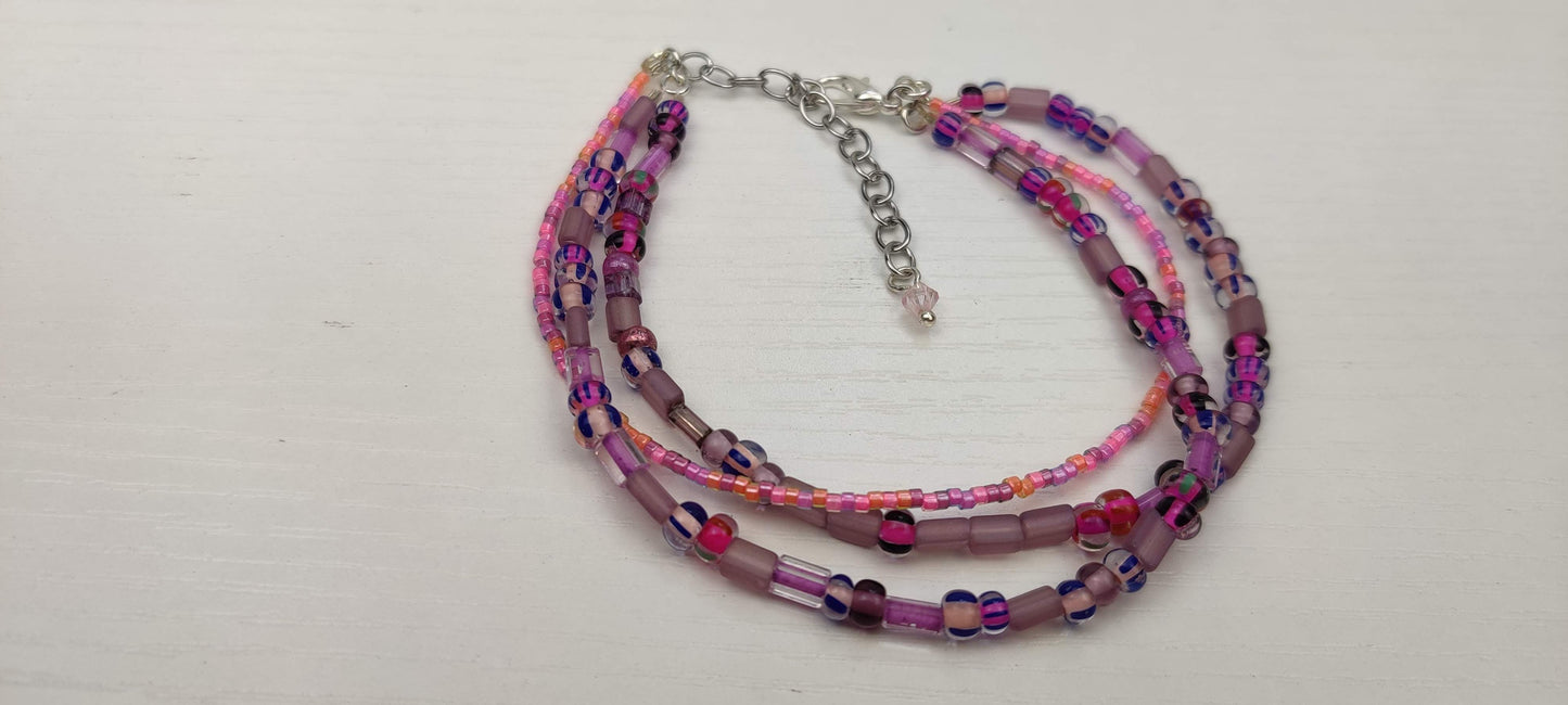 Three Strand Bracelet with Pink and Purple  Beads