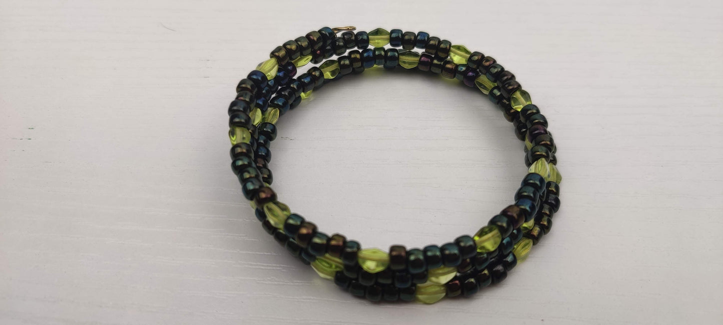 Black and Light Green Beads Memory Wire Bracelet