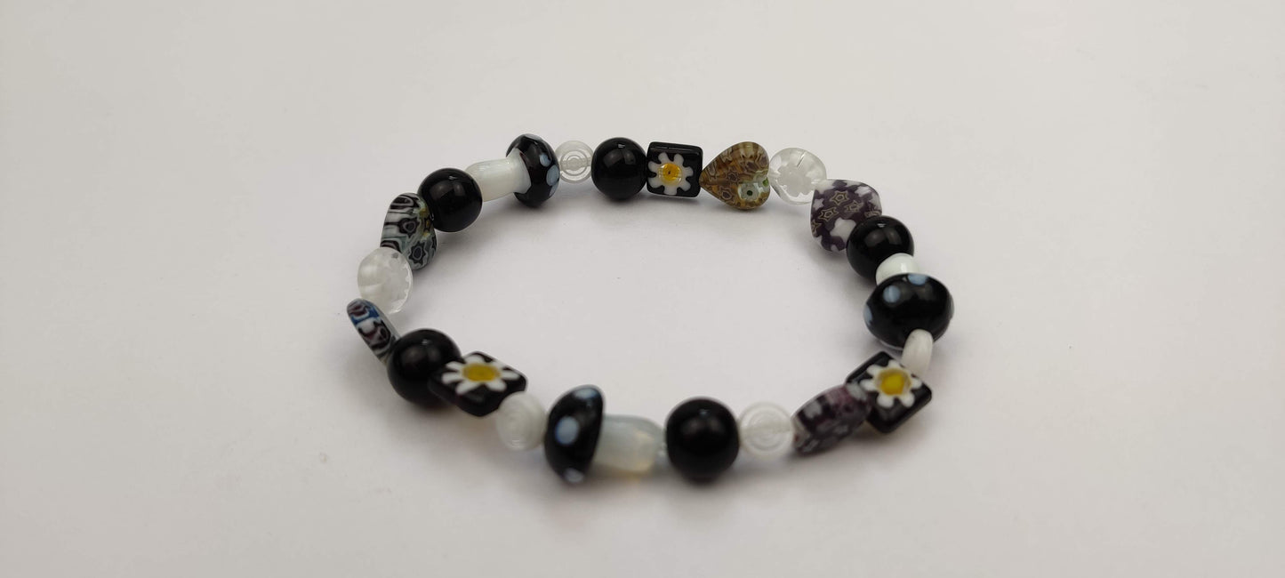 Lampwork Glass Millefiori Beads in Light Black,  Gray and White Glass Beads Stretch Bracelet